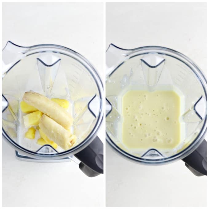 Two process photos of blending a pina colada smoothie.