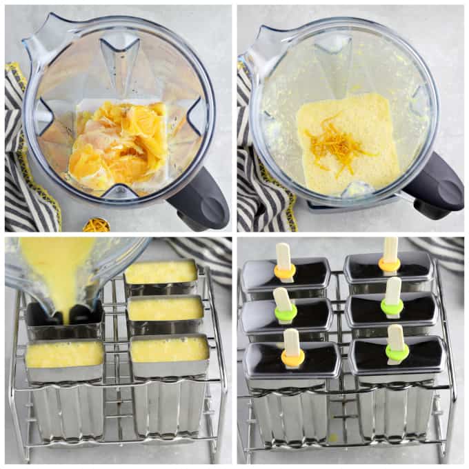 Four process photos of blending ingredients and pouring into popsicle molds. 