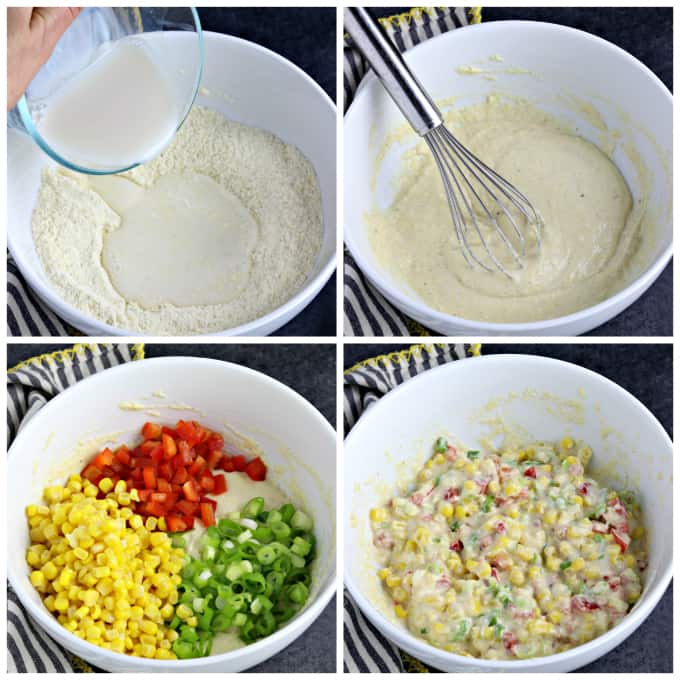 four process photos of making batter in a mixing bowl.