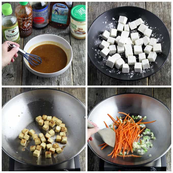 4 process photos of preparing ingredients for vegan pad thai. 