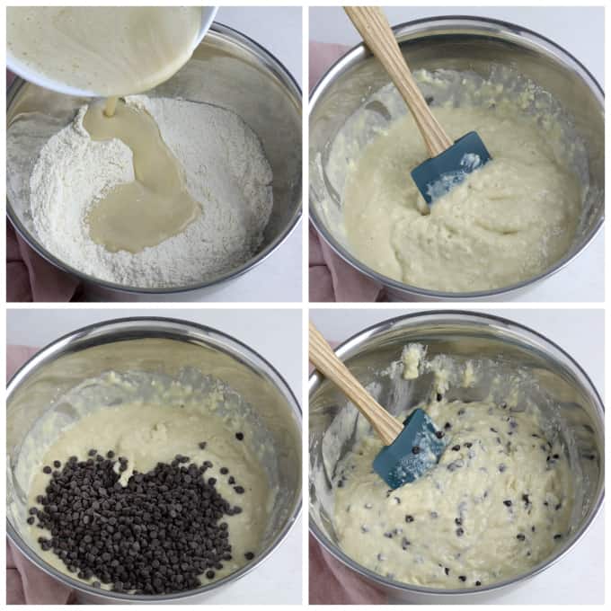 Four process photos of folding batter together and adding chocolate chips. 
