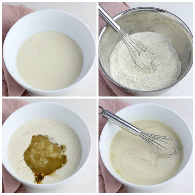 Four process photos of mixing batter for muffins. 