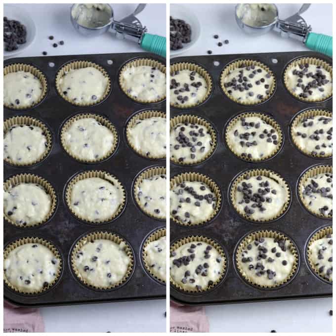 Two process photos of adding raw batter into muffin tins and topping with chocolate chips. 