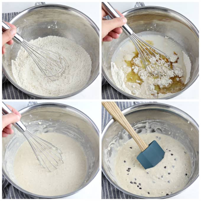 four process photos of mixing pancake batter in a large mixing bowl. 