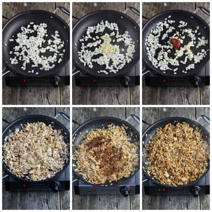 Six process photos of cooking filling in a pan. 