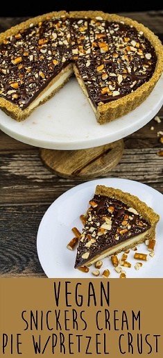 This Vegan Snickers Cream Pie has three dreamy layers that are nestled in a sweet & salty pretzel crust.