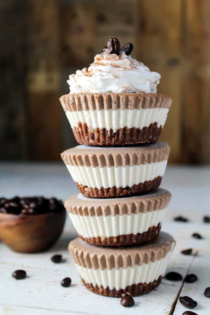 stack of four cheesecake bites.