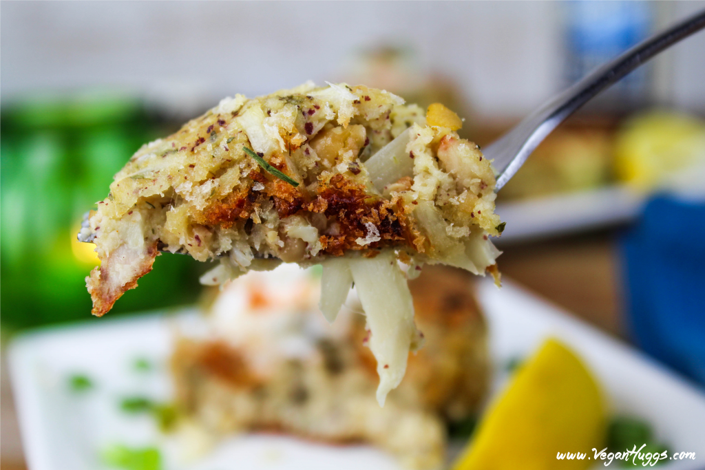 Fork full of Vegan Crab Cakes. Closeup view. 