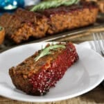 a slice of vegan meatloaf on a plate.