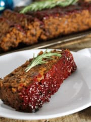 a slice of vegan meatloaf on a plate.