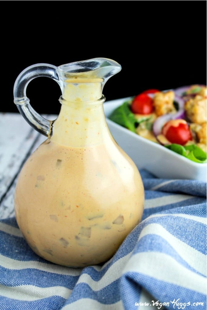 Close up view of vegan thousand island dressing in a bottle.