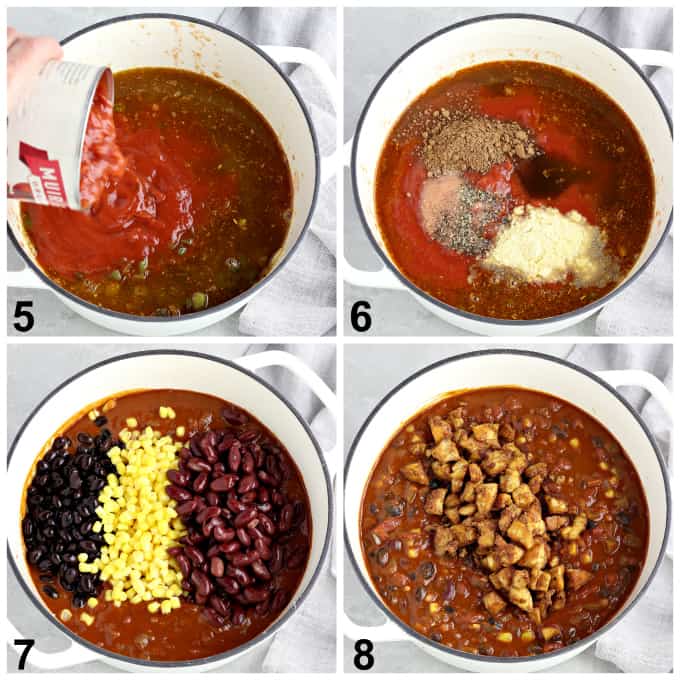 4 process photos of cooking chili in a white pot.