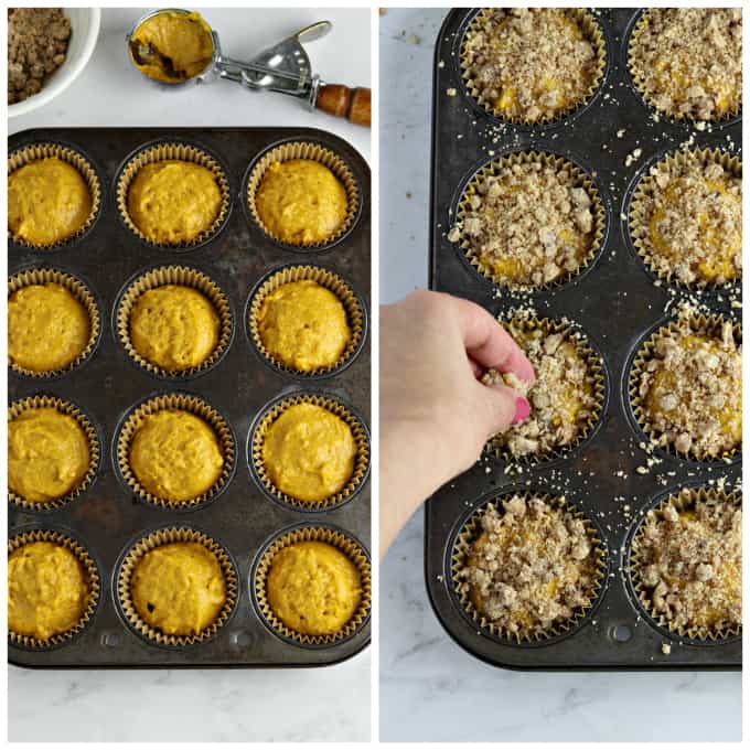 Two process photos of filling muffin tin with batter and adding crumble topping. 