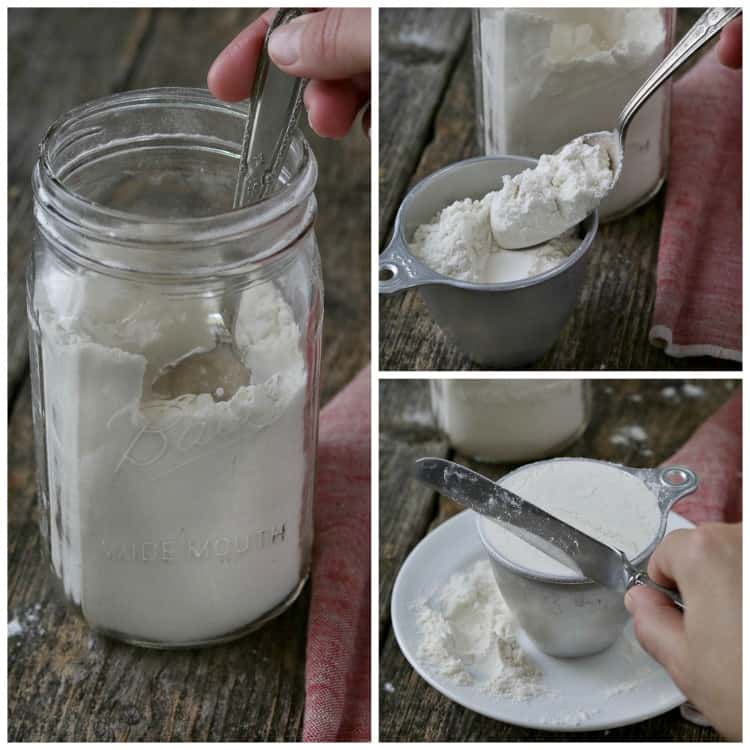 Three process photos of measuring flour. 