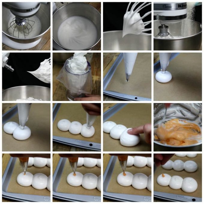 process photos of mixing aquafaba and piping meringues onto a baking sheet. 
