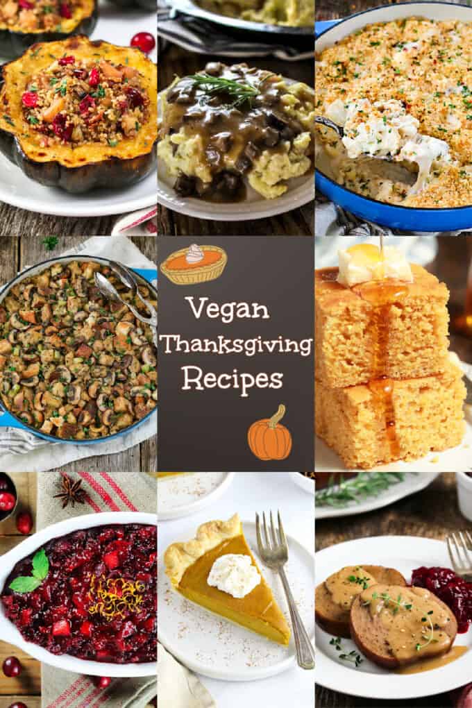 Collage of vegan thanksgiving recipes for pinning purposes.