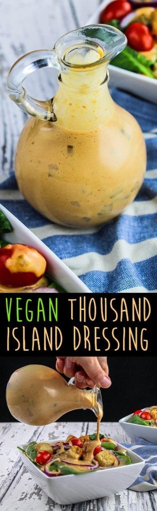 This vegan Thousand Island Oil-Free Dressing is creamy, flavorful and much healthier than store-bought varieties. Now you can have that classic dressing without all the unnecessary ingredients.  