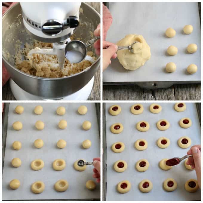 Process photos of mixing dough, rolling dough balls, making indents, adding jam to the vegan thumbprint cookies.