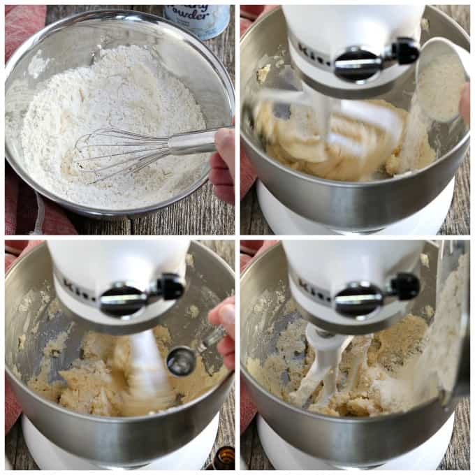 Process photos - whisking flour, beating butter and sugar, adding flour to a stand mixer. 