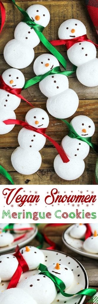 These Snowmen Vegan Meringue Cookies will be a hit at your next wintertime gathering. They are sweet, crisp, airy and completely adorable!