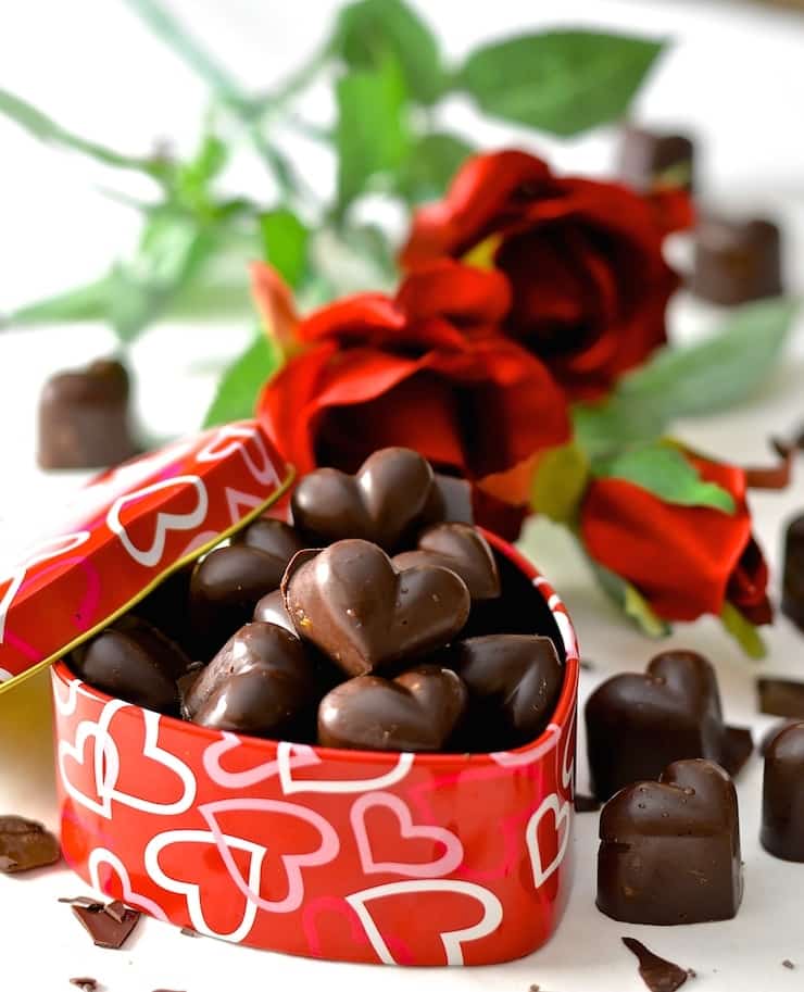 vegan chocolate hearts in a red box.