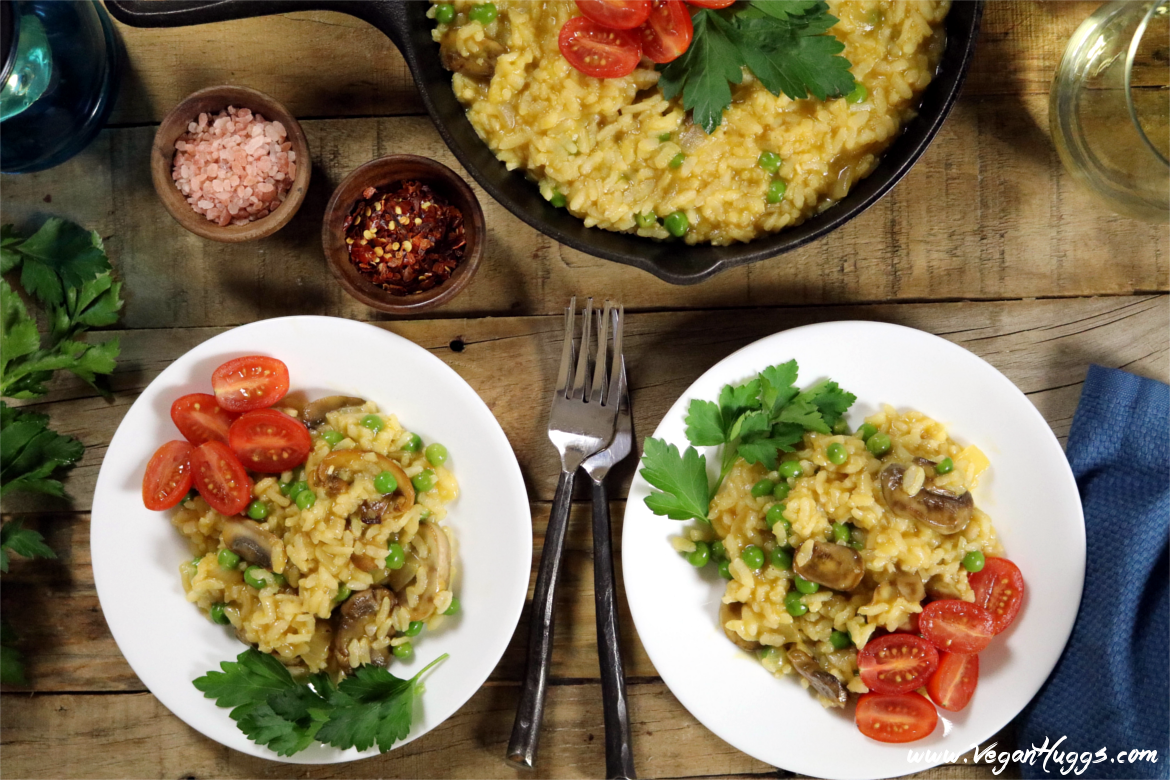 Creamy Vegan Mushroom Risotto w/ Peas (GlutenFree) Vegan Huggs