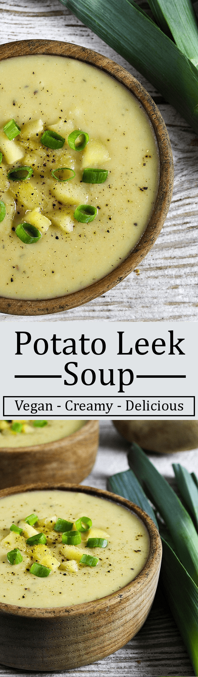 This Vegan Potato Leek Soup is creamy, comforting and filling. It's dairy-free, gluten-free and nutritious. Perfect for those chilly days, too.