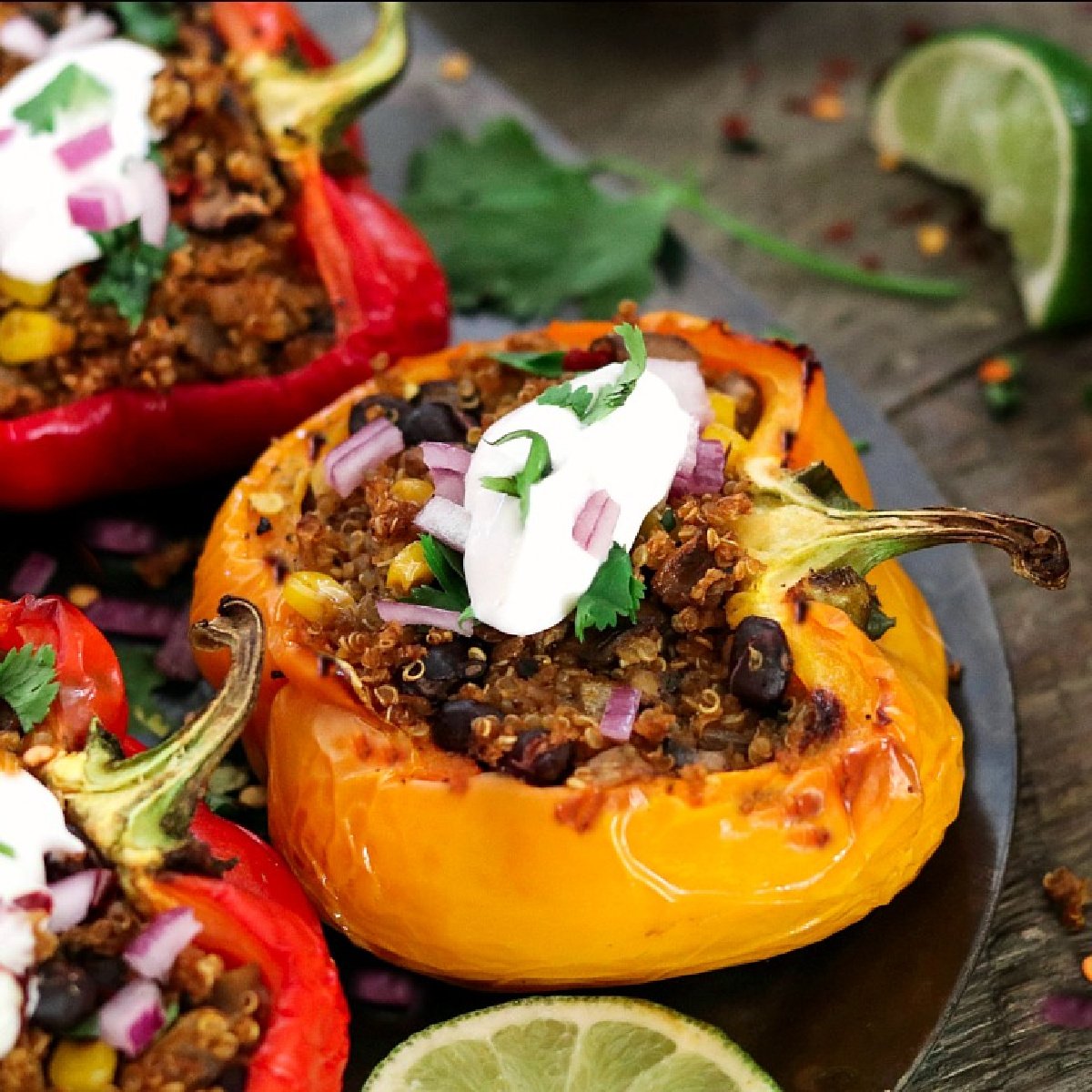 closeup view of a quinoa stuffed pepper.