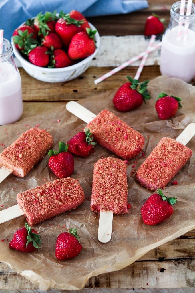 Have a taste of nostalgia with these Strawberry Shortcake Ice Cream Bars. They're creamy, crumbly, tart and deliciously sweet! Vegan + Gluten-free. 