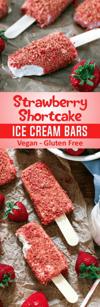 Have a taste of nostalgia with these Strawberry Shortcake Ice Cream Bars. They're creamy, crumbly, tart and deliciously sweet. Vegan and gluten-free.