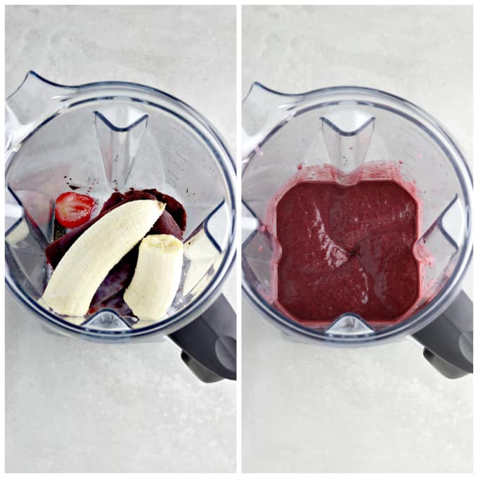 Two process photos of blending ingredients for an acai bowl recipe. 