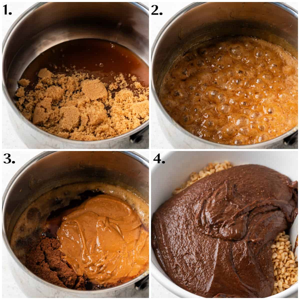 four process photos displaying how to melt the sugar and peanut butter in a pot and pouting onto the rice cereal.