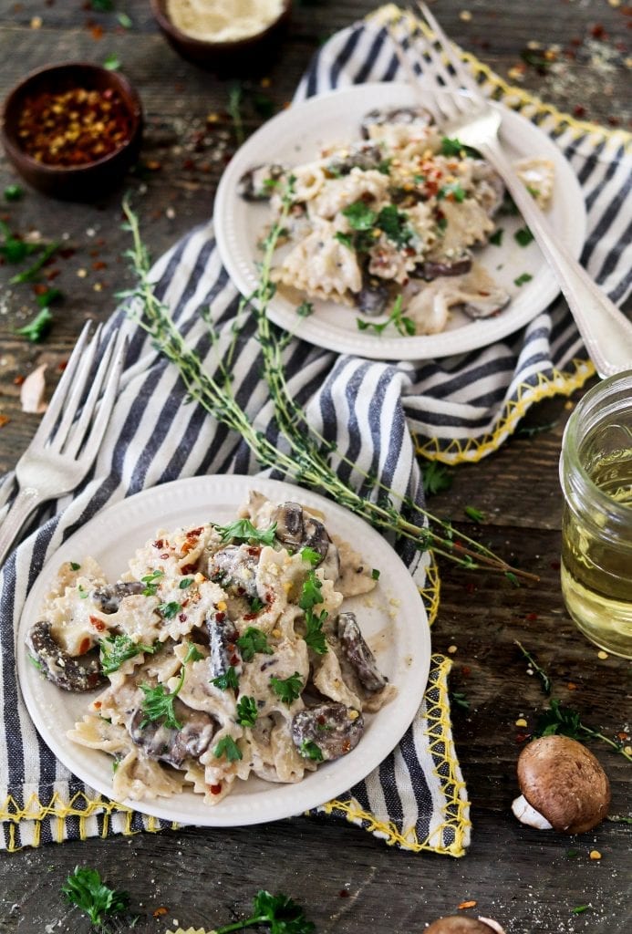 Two plate of vegan mushroom stroganoff