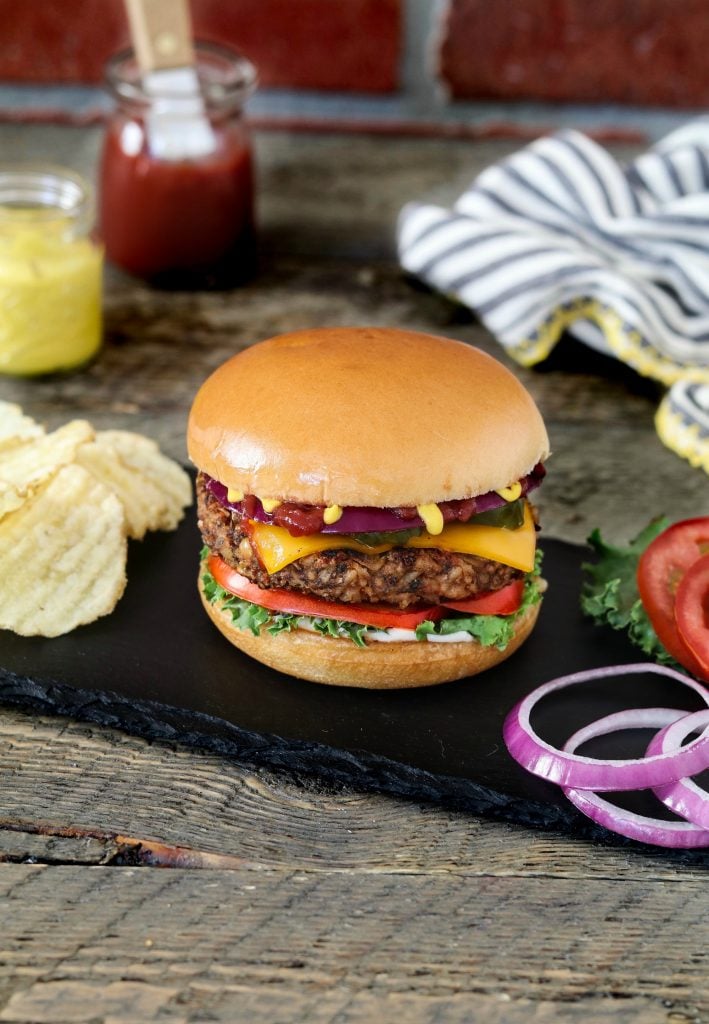 Bean and Mushroom Burger with chips on the side. 