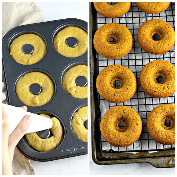 2 process photos of filling donut pan with batter and fully baked donuts on a cooling rack. 