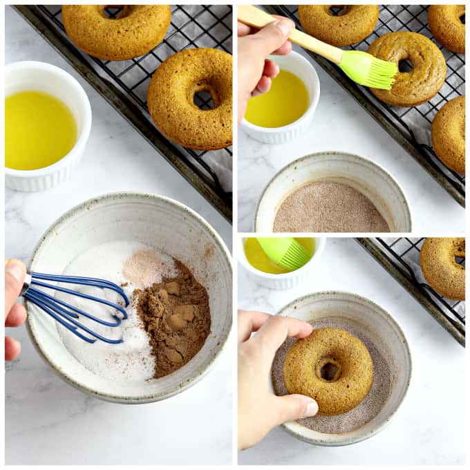 3 process photos of coating donuts with cinnamon sugar. 