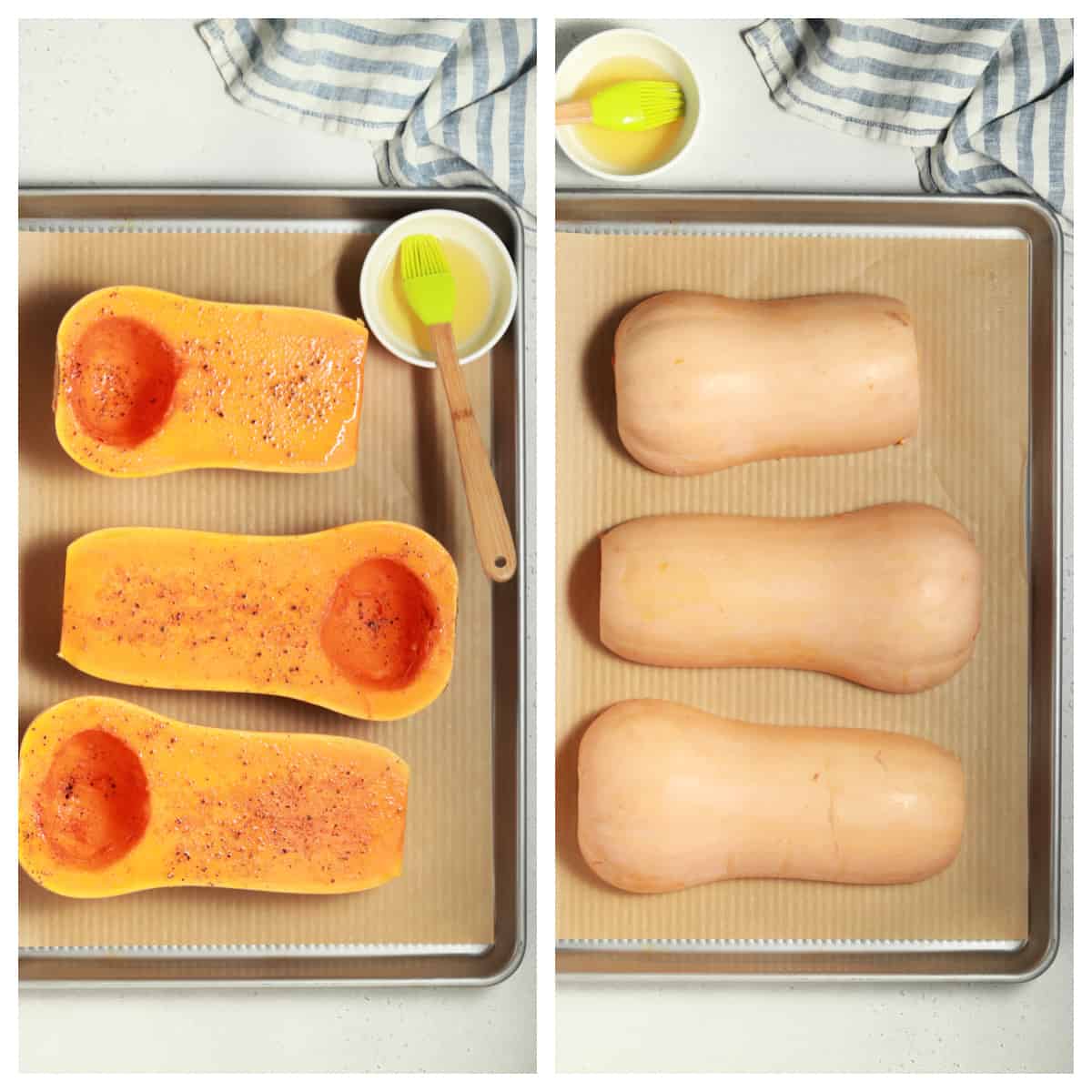 Two process photos showing how to prepare and roast butternut squash.