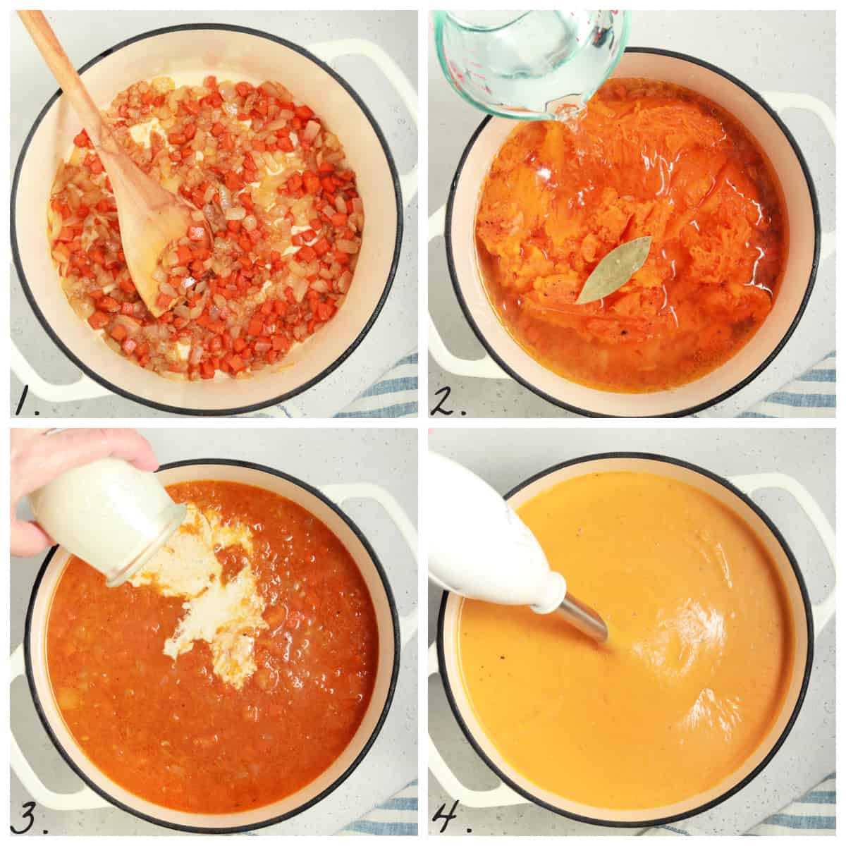 Four process photos showing how to make vegan butternut squash soup in a pot. 