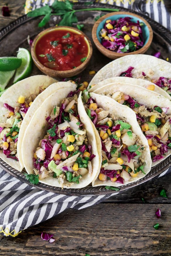 Vegan Fish Tacos with Cilantro-Lime Corn Slaw - Vegan Huggs
