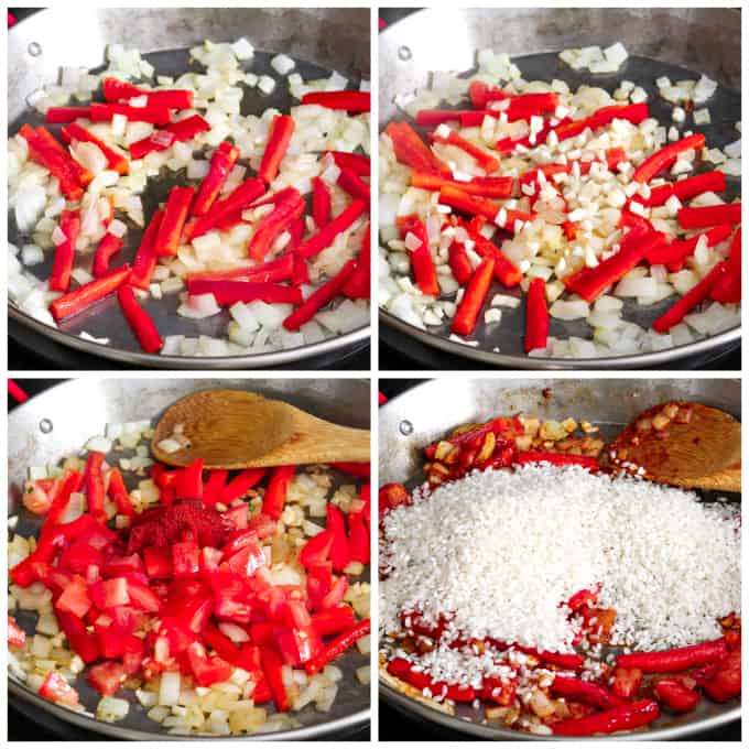 four process photos of sautéing peppers, onions and garlic in a paella pan. 
