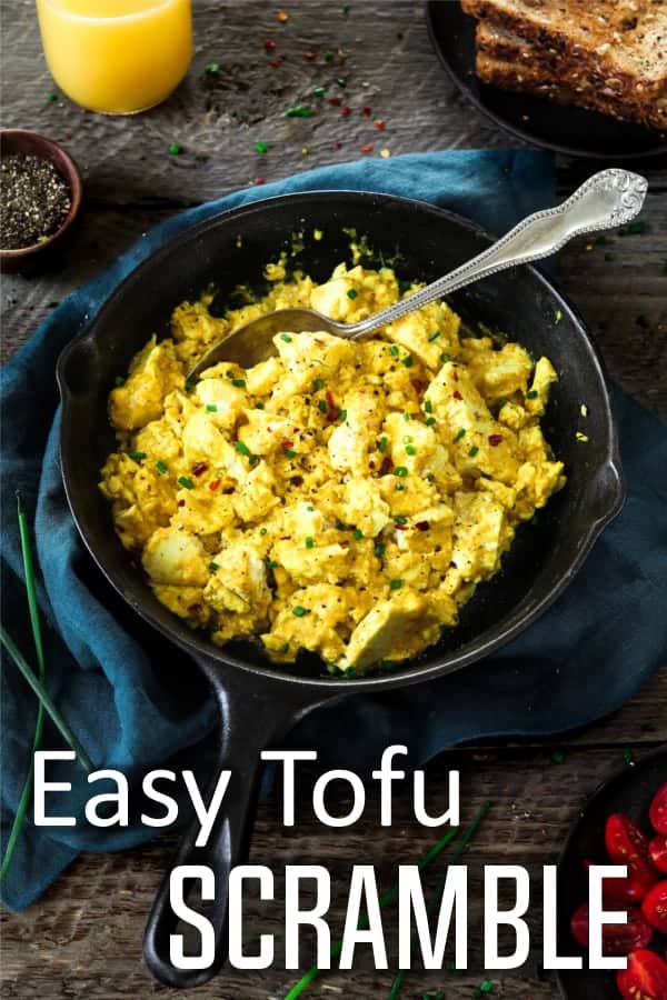 Easy tofu scramble in a cast iron pan. Photo for pinning purposes. 