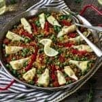 Fully cooked and prepared Vegetable Paella in a pan.
