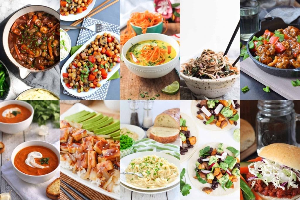 Photo collage of 10 easy vegan dinner recipes