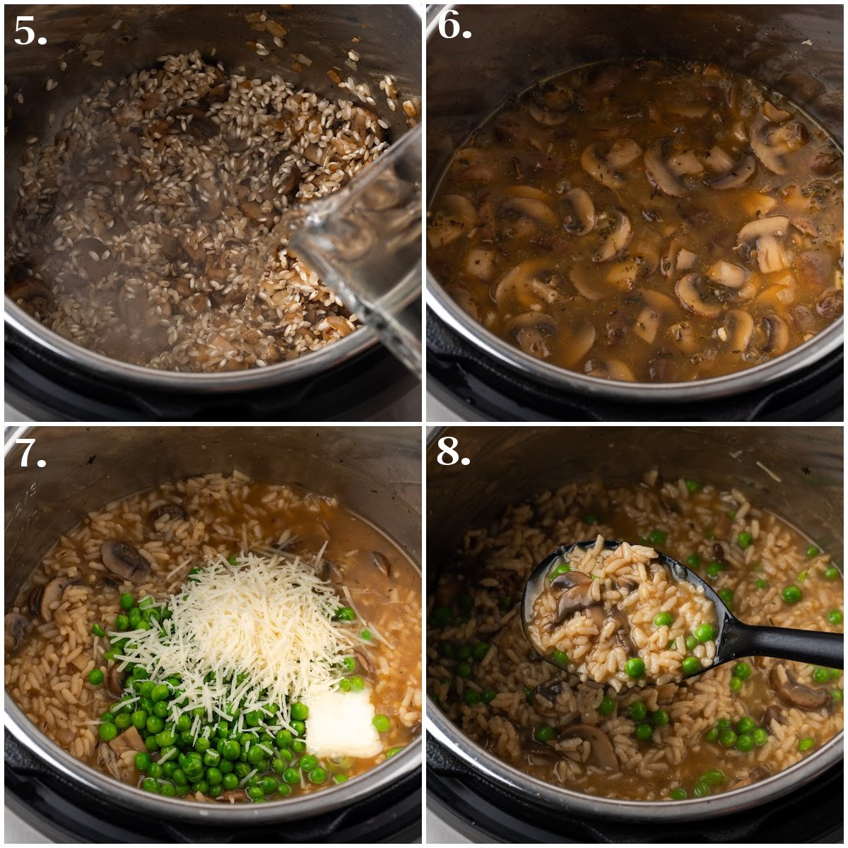 Four process photos displaying how to add wine, broth, and peas. 