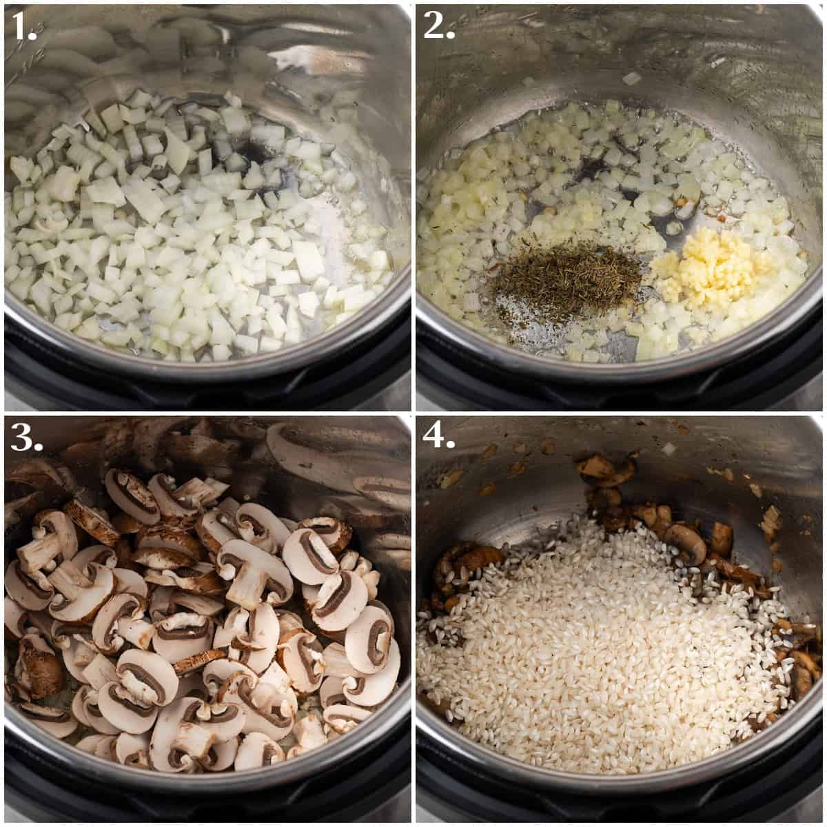 Four process photos displaying how to sauté onions, garlic, spices, mushrooms and rice in an Instant Pot. 