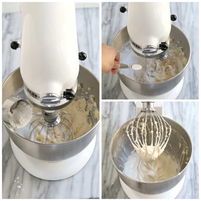 three process photos of finishing vegan cream cheese frosting. 