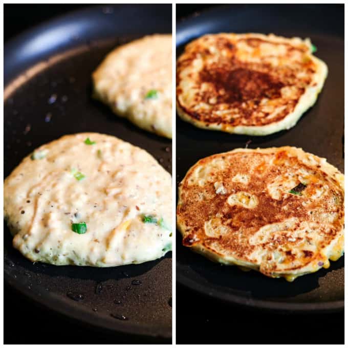 two process photos of cooking savory pancakes on a hot skillet. 