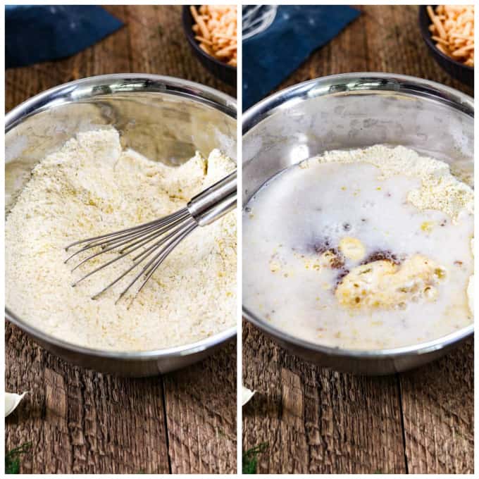 two process photos of mixing wet ingredients into dry ingredients for savory pancakes. 