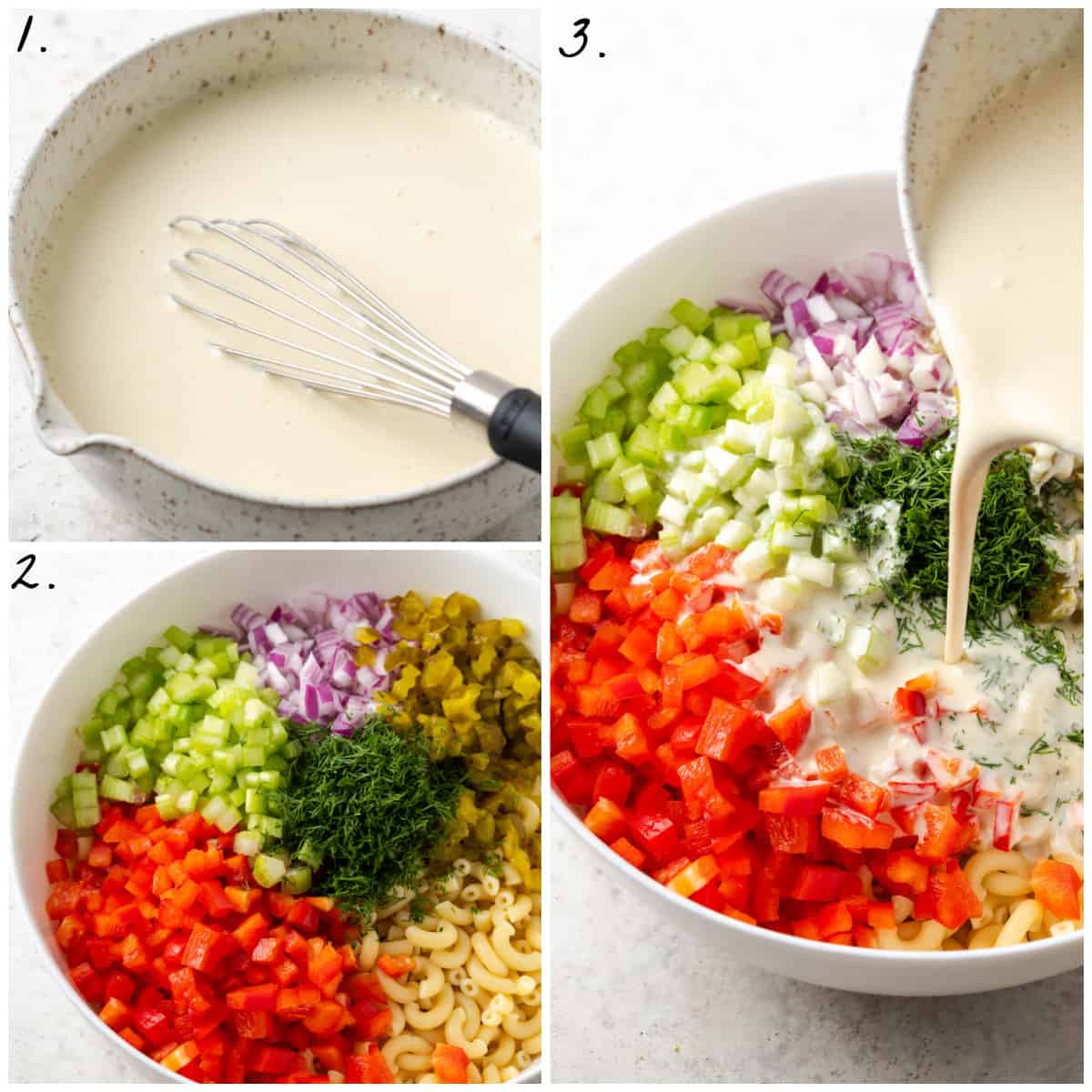 Three process shots showing how to make the dressing and toss it with the veggies and macaroni. 