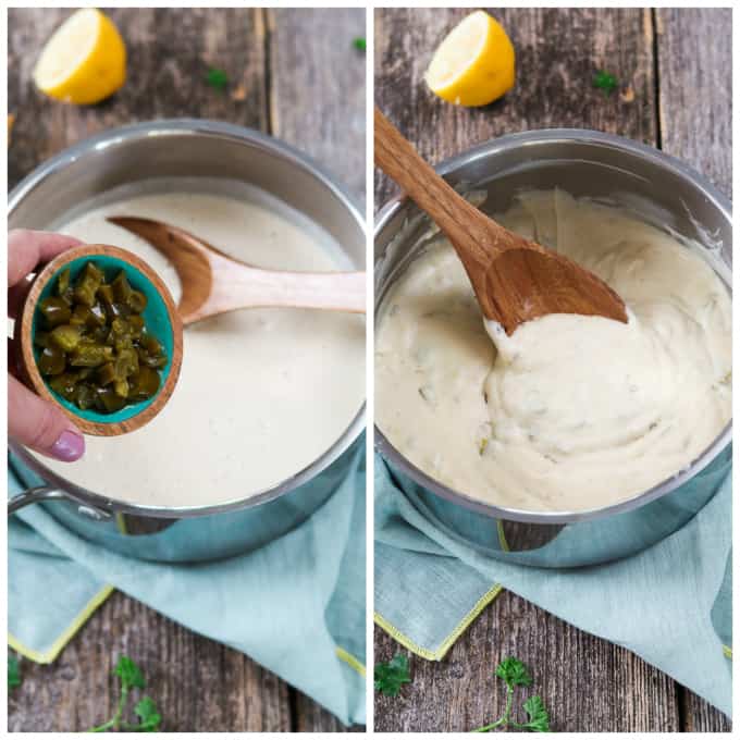2 process photos of adding jalapeños to vegan cheese sauce and thickening up.